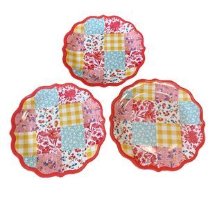 Pioneer Woman Patchwork Medley Melamine Dinner Plates Scalloped Coral Set of 3